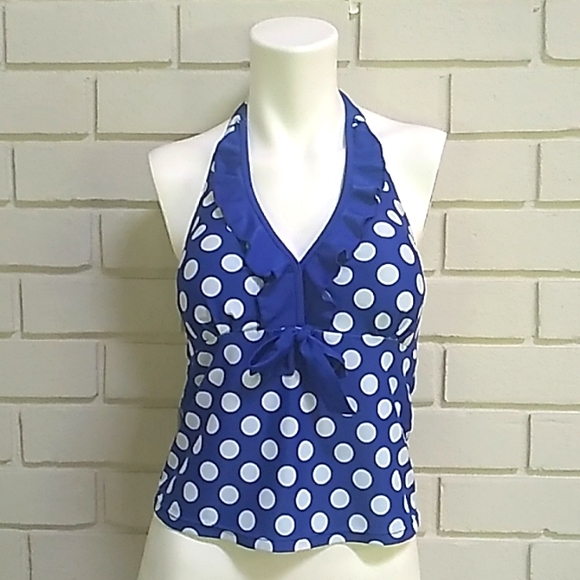 None Other - Royal Blue/White Polka-Dot Ruffle Tankini Top.  Size Medium